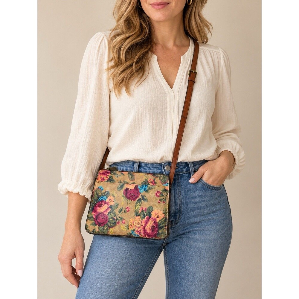Patricia Nash Floral Leather Crossbody Bag Tan Pink Roses Adjustable Strap